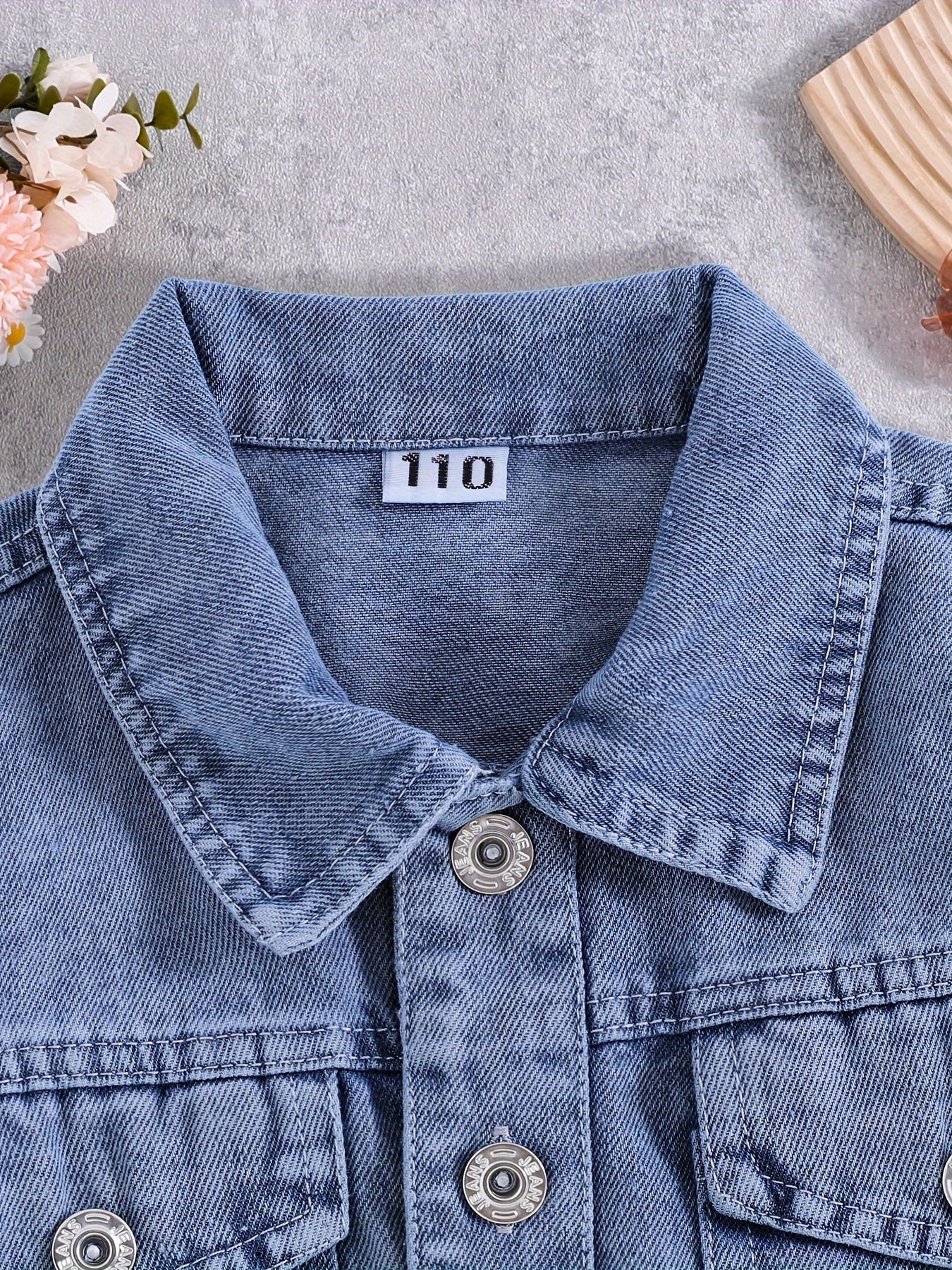 Rabbit embroidered denim jacket for girls, featuring drop shoulder lapel collar, button closure, and animal pattern on non-stretch fabric. Regular fit perfect for fall/winter.