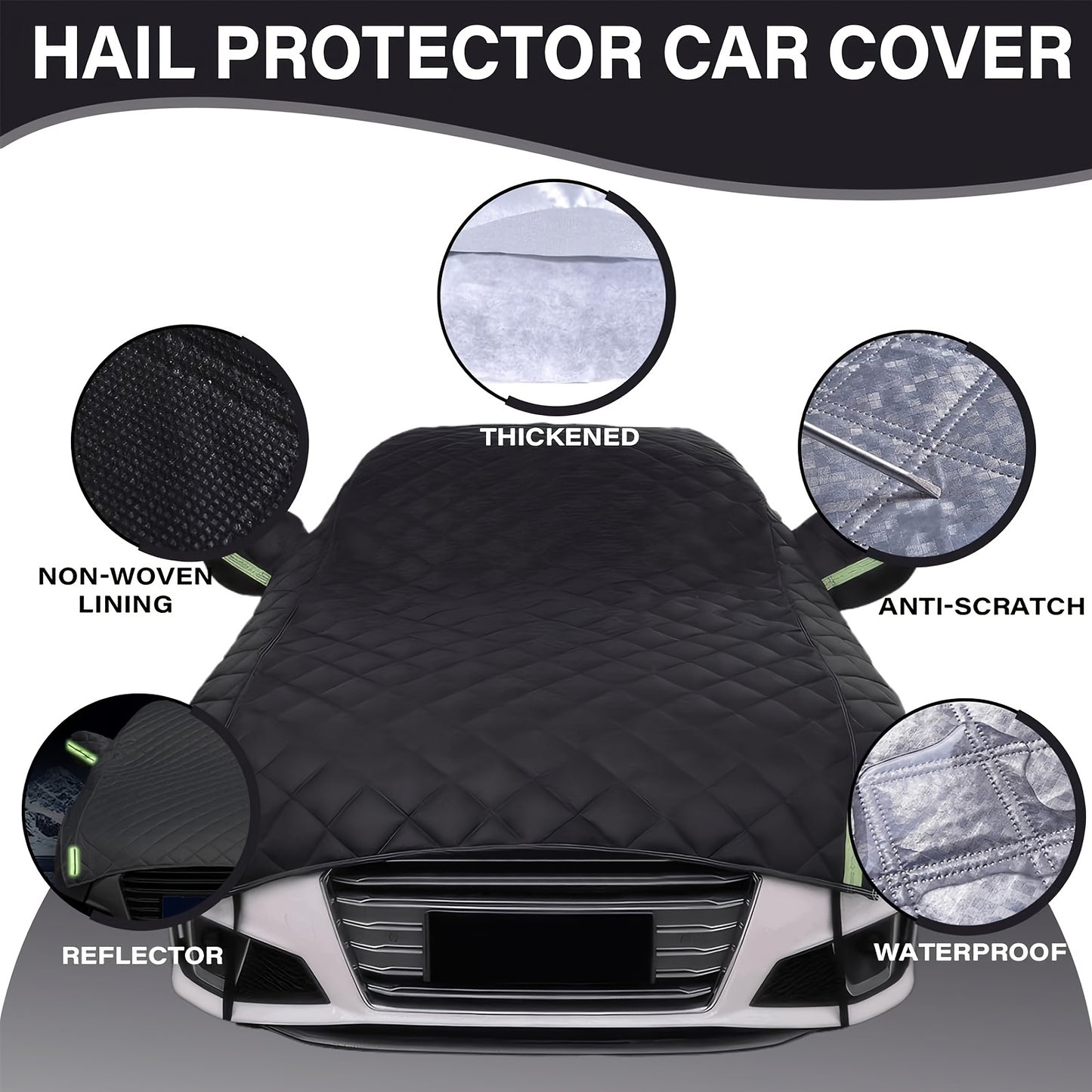 Luxury Quilted Hail Protector Car Cover with Thick Plush Material, Black/Green, Fits Most Vehicles, Car Protection Accessories