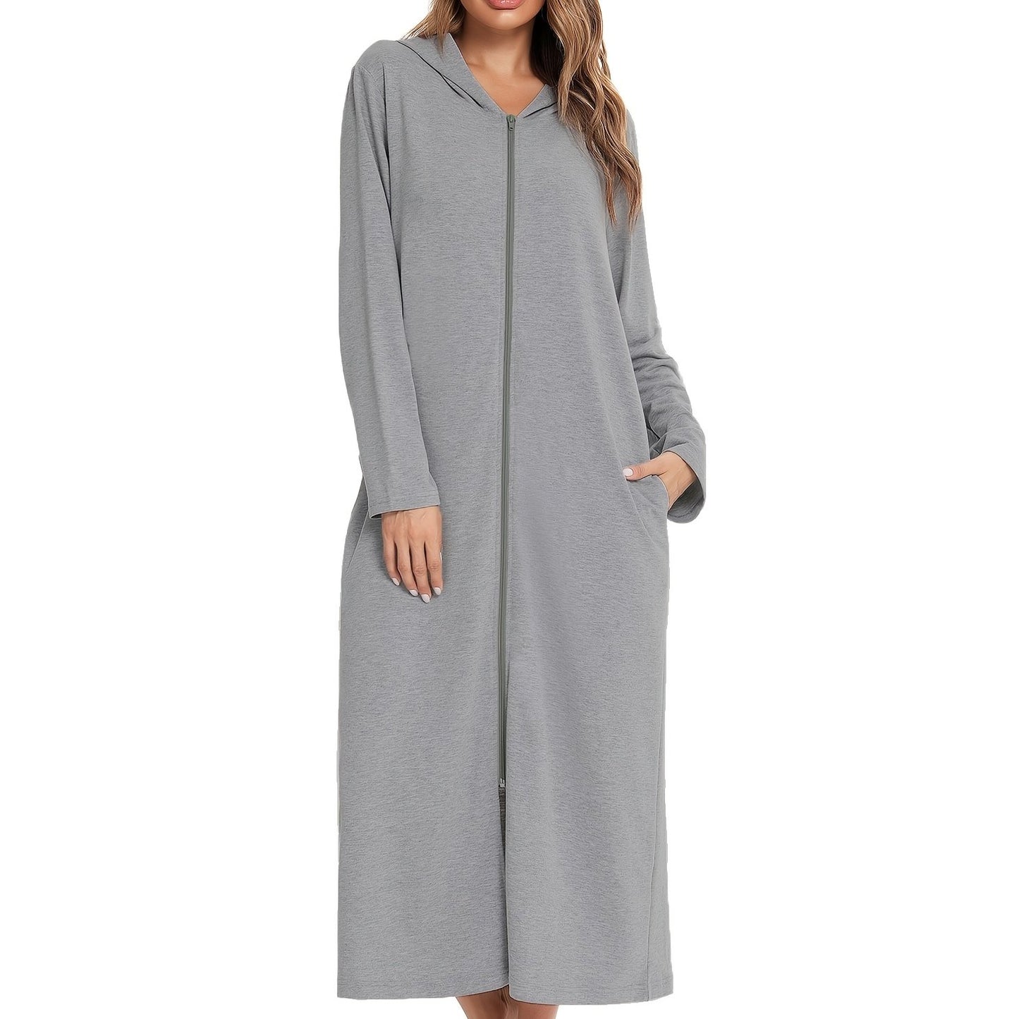 Comfortable zip-up lounge dresses with a hood, perfect for women's loungewear.