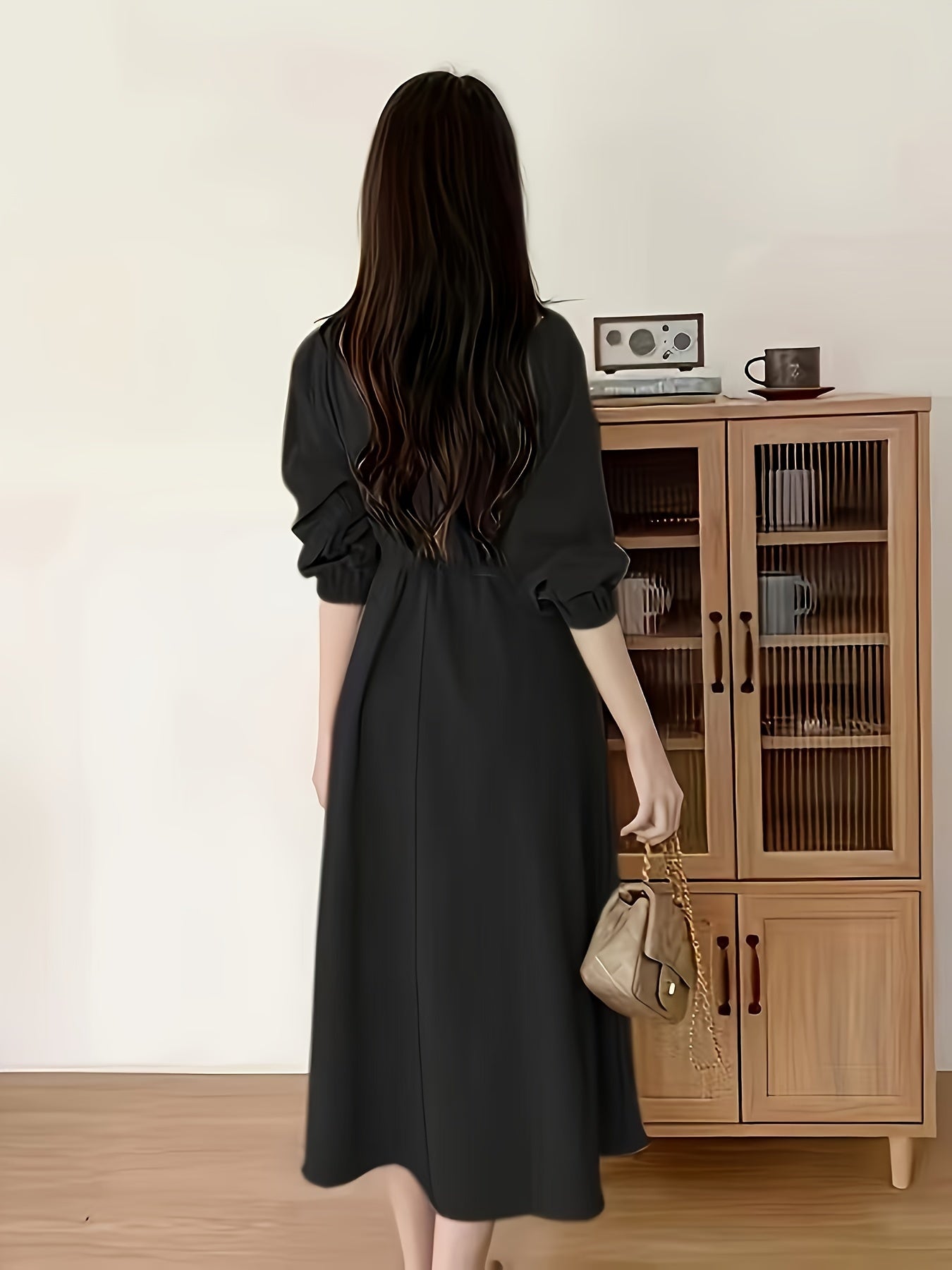 Beige midi dress with tie waist and pockets - long sleeve, polyester, machine washable, ideal for women's commuter style.