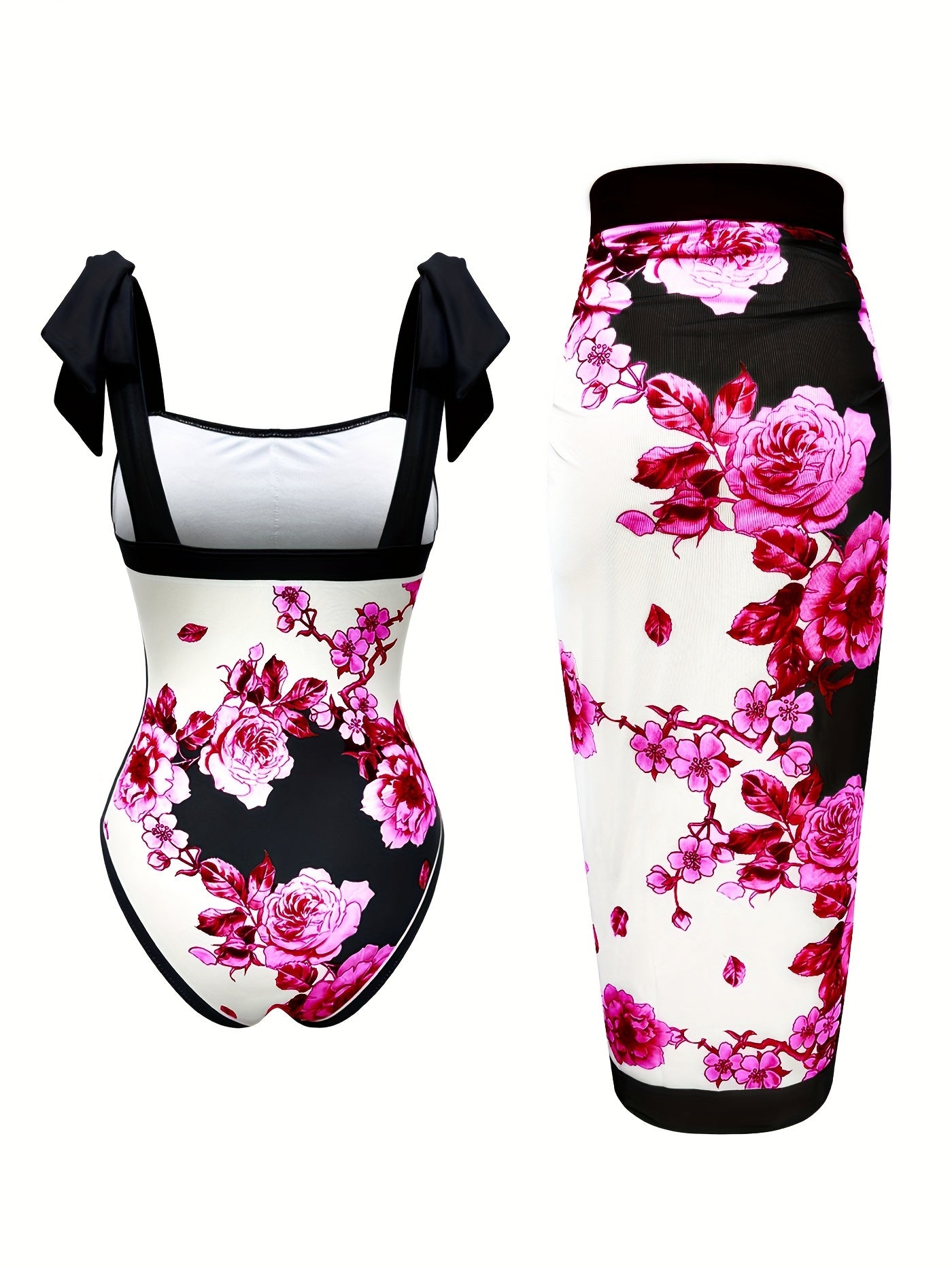 Stylish one-piece swimsuit with sun protection, floral print, and sheer skirt - ideal for the beach.