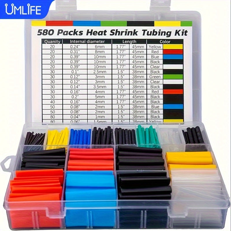 UMLIFE Heat Shrink Cable Sleeve Kit - 580pcs, 2:1 Shrink Ratio, Professional Wire Insulation, Durable Polyolefin, Assorted Sizes