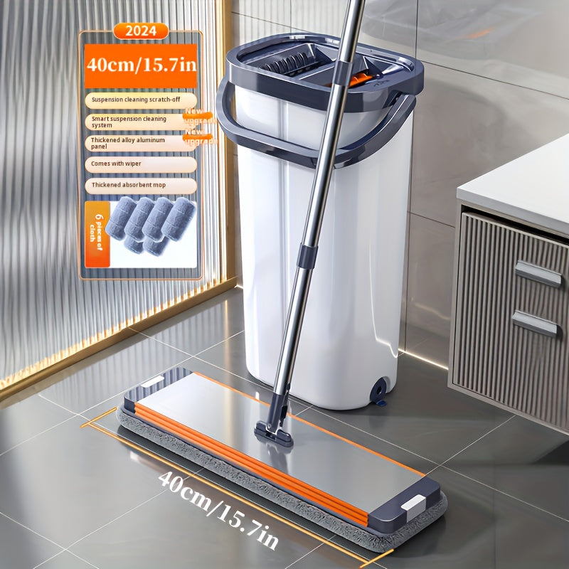 Introducing a compact and convenient cleaning set featuring a mop and bucket, perfect for all your household cleaning needs. This portable set is designed to save space and includes a stable bucket that won't tip over. The mop has an ergonomic handle and