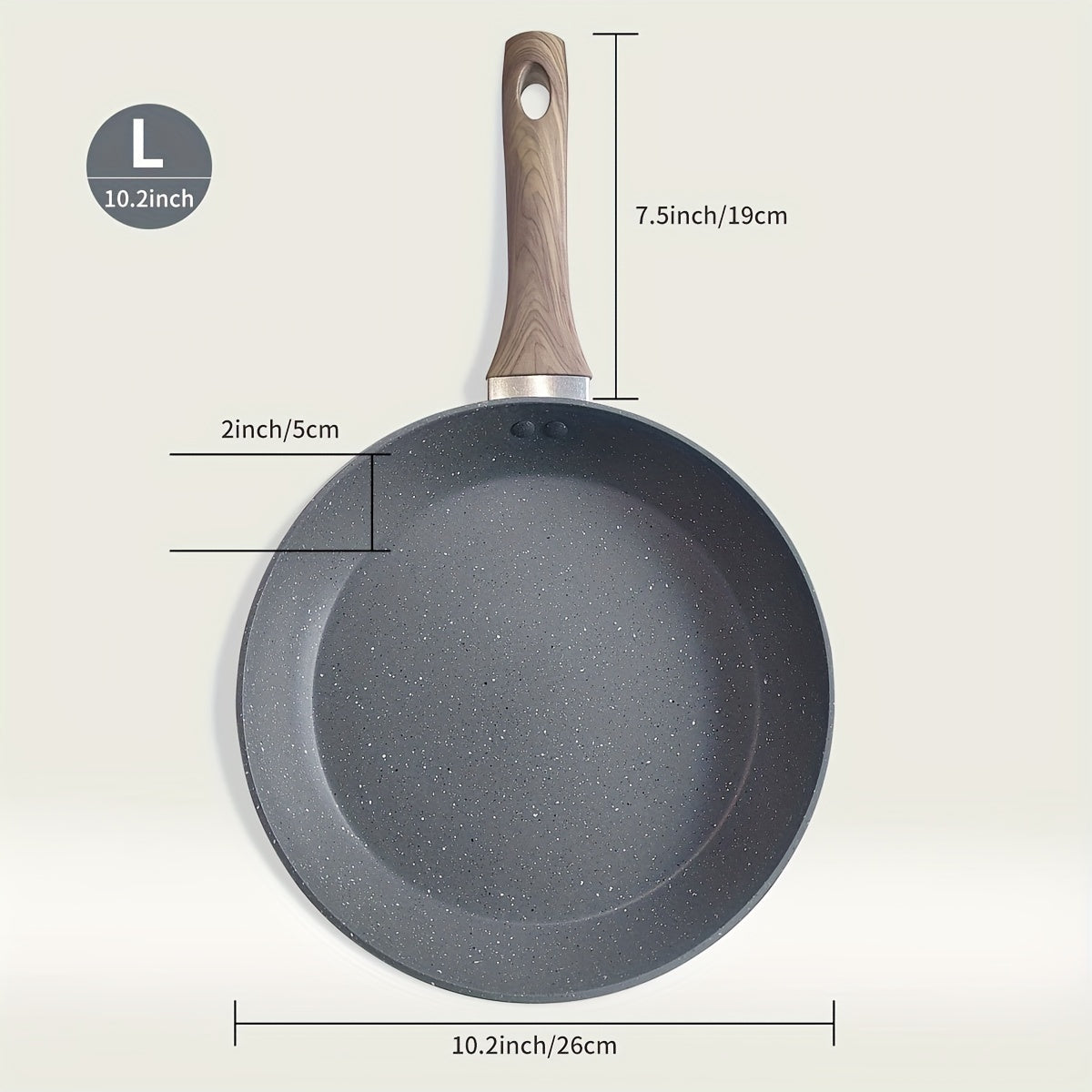 Non-stick aluminum frying pan designed for frying eggs and steaks on household induction cookers and gas stoves. Constructed with gray granite stone for durability.