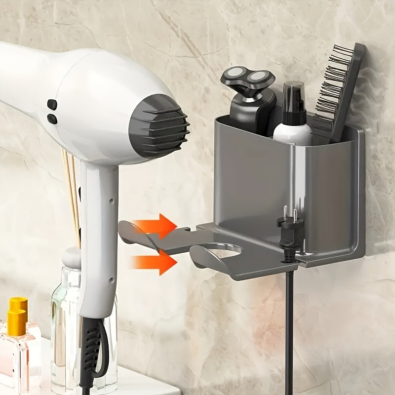 Wall-mounted bathroom organizer rack with multiple functions including storage for hair dryer, combs, razors, and makeup. Features a smartphone holder and durable plastic construction. No drilling required. Great Christmas/Halloween gift for home