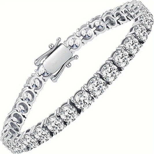 Add a touch of luxury to your wrist with this stunning Moissanite Tennis Bracelet. Available in 10.5-14 carats, this lab-created simulated diamond bracelet features a dazzling 18k white gold plated 925 sterling silvery design. The 4mm D Color VVS1 round