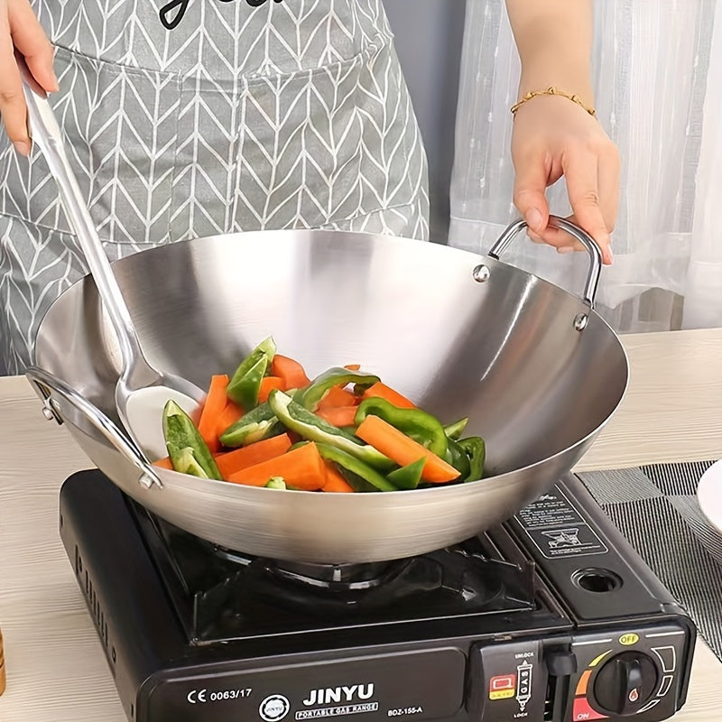 Stainless Steel Wok with Double Handles, 38.0cm Size, Heavy-duty Uncoated Pan for Restaurant-Style Cooking. Durable for Chef's Kitchen or Home Use, Easy to Clean and Food-Safe. Commercial Grade Quality.