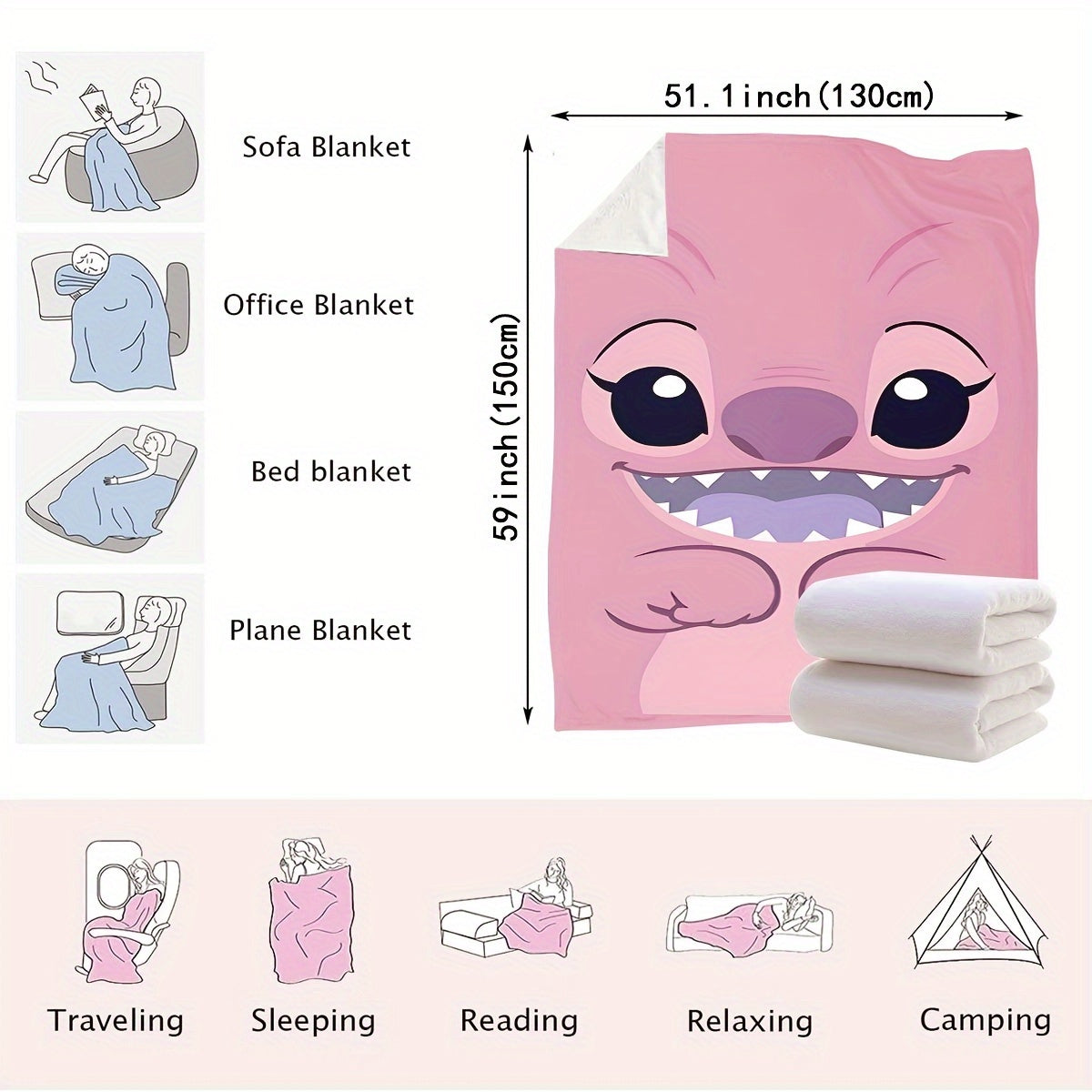 Pink plush throw blanket featuring a contemporary cartoon design. Made from soft polyester knit fabric, this multipurpose bedding is suitable for all seasons. Perfect for adding comfort to your bed, sofa, office nap, or as a travel blanket. Makes an