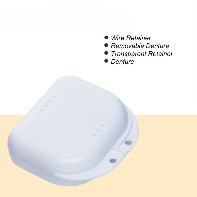 Odor-free 6/8 denture case with ventilation holes, ideal for clear aligners and night guards. Secure locking mechanism, perfect for travel. Available in black, white, yellow, light purple