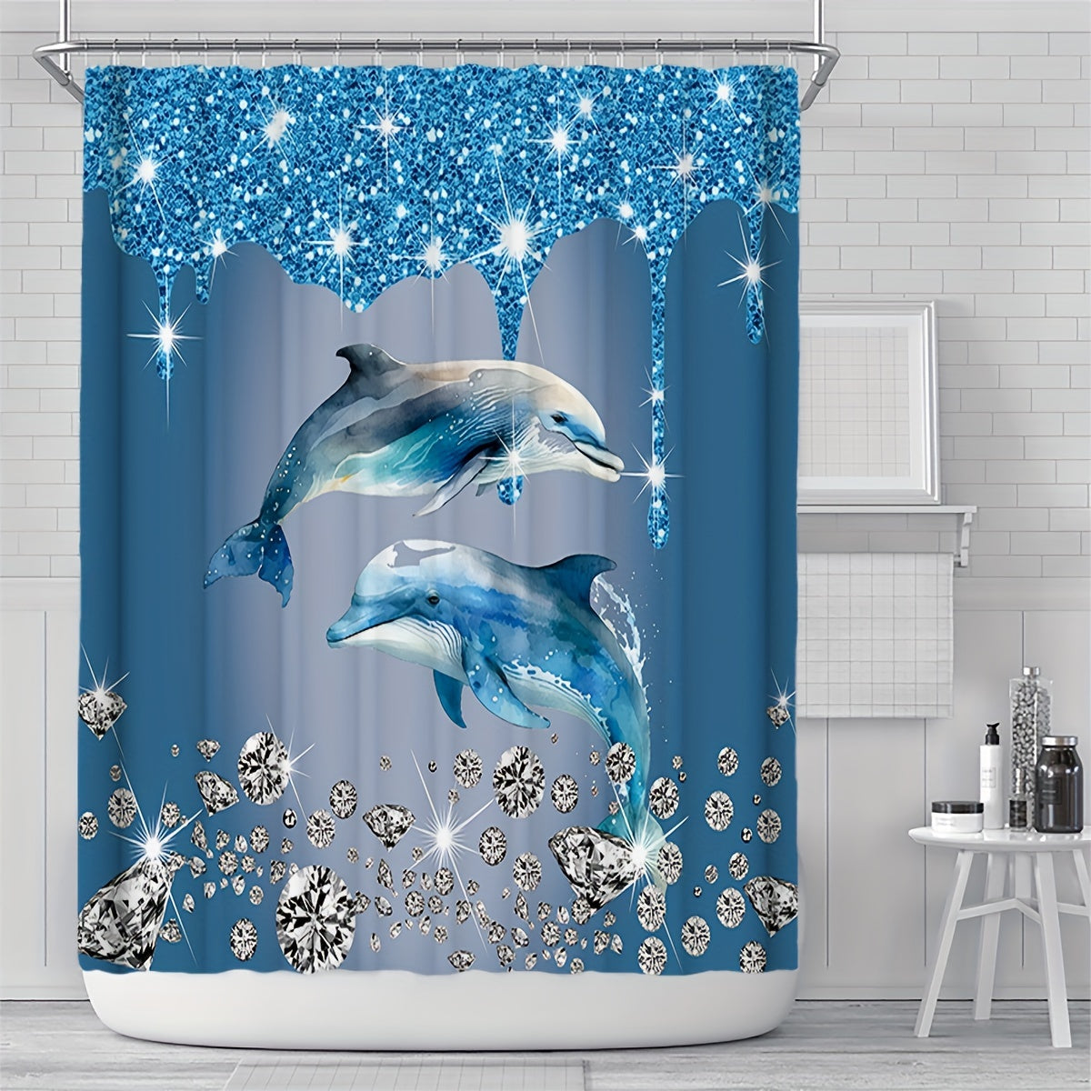 Dolphin-themed shower curtain set with bath mat & rug. Waterproof polyester, easy care. Ideal for ocean-themed bathroom decor.