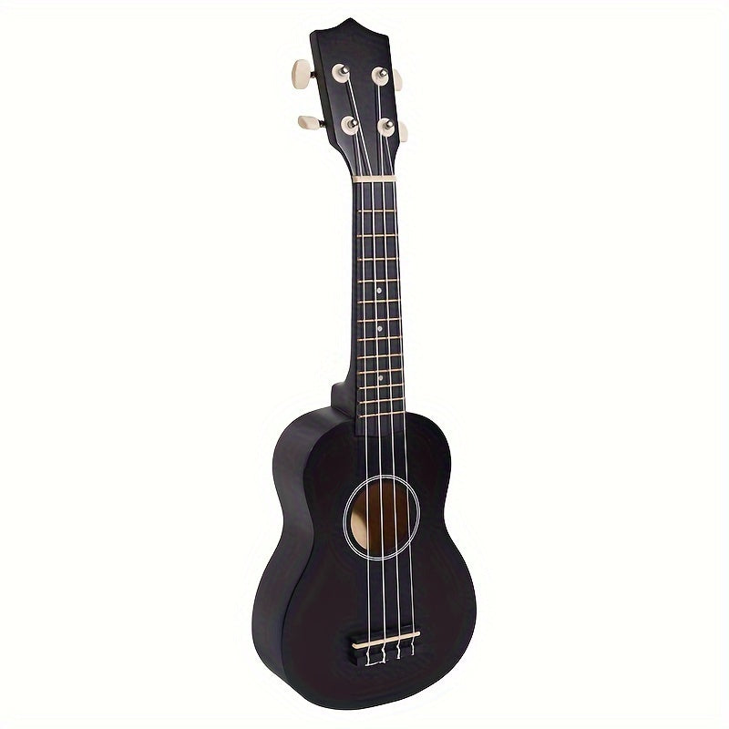 21-inch high pitch ukulele for adults and teens, made of solid basswood with four strings, in black color.