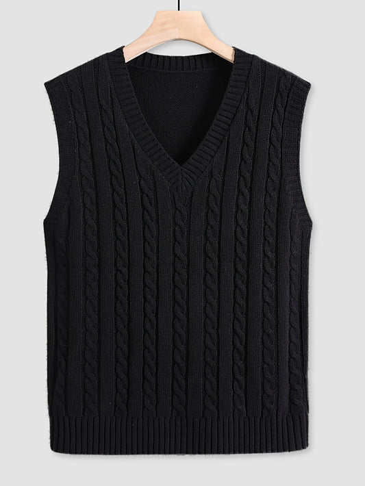 Men's lightweight black cable knit sweater vest is a casual V-neck, sleeveless pullover made from acrylic fabric, suitable for spring/autumn. Also available in plus size.