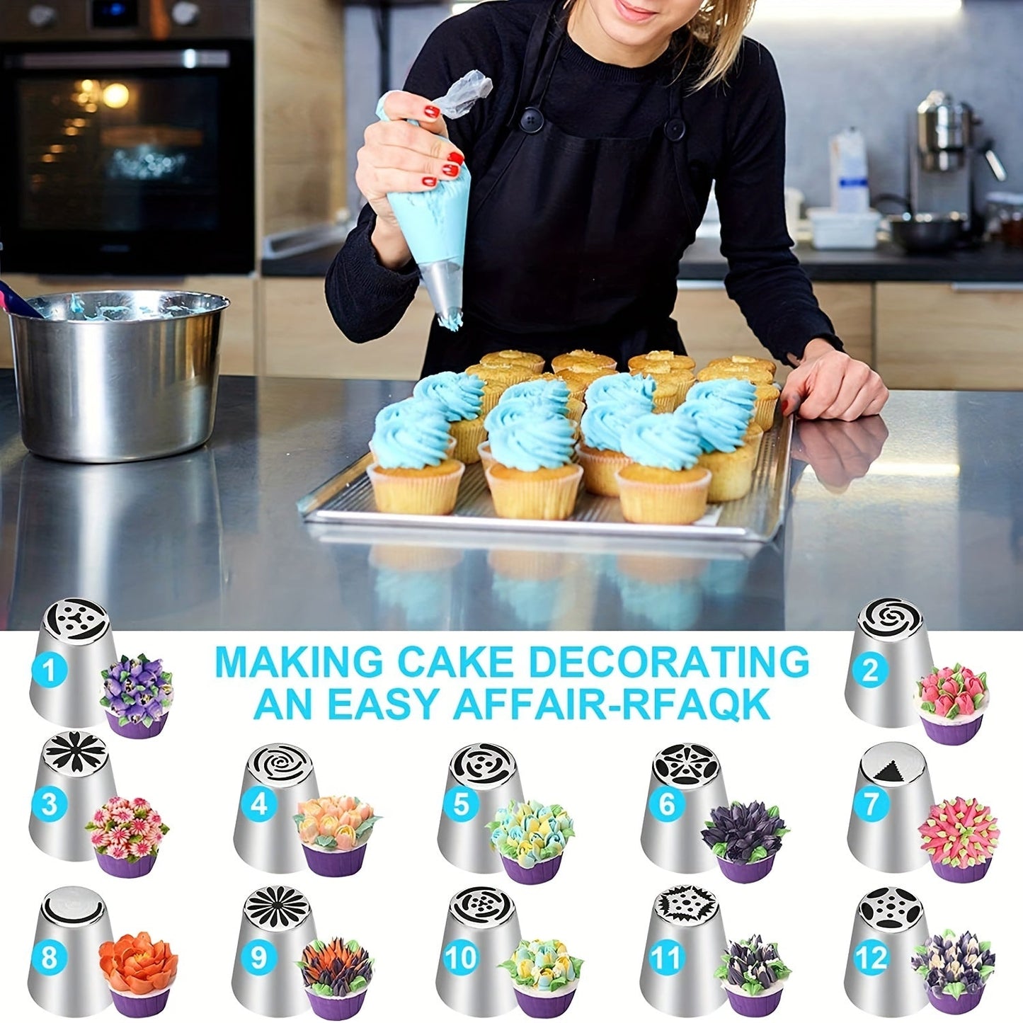 Cake decorating set includes 47 pieces, such as 12 flower pastry tips nozzles, 2 leaf shape piping tips, 2 couplers, and 30 piping bags. These tools are perfect for cake decorating, baking supplies, and creating cookies and cupcakes.