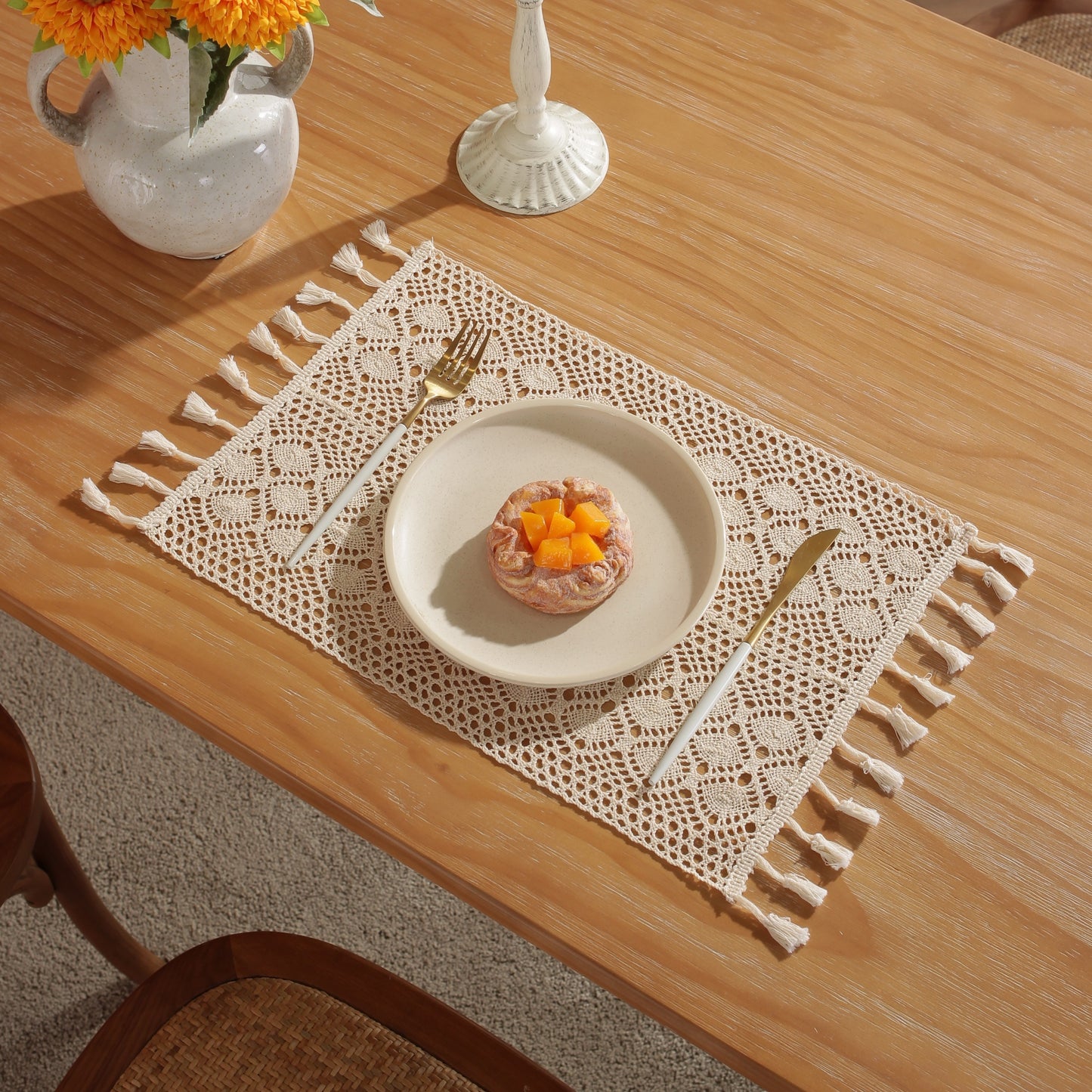 Beige geometric crochet table runner made of pure cotton linen with small rhombus pattern and hollow lace design.