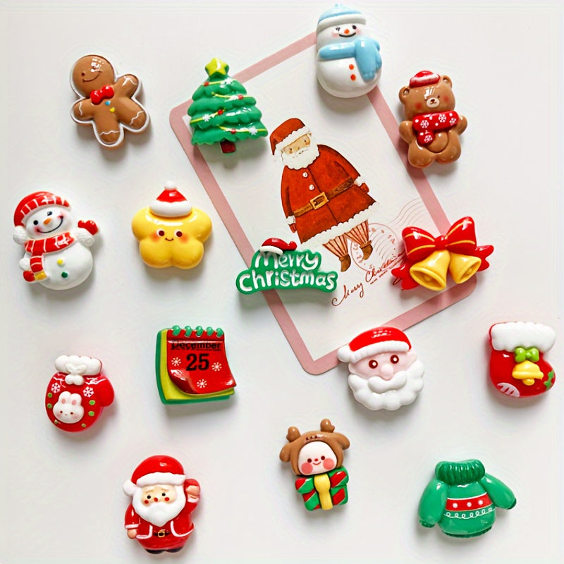 Set of 10 Christmas Refrigerator Magnets featuring Plastic Santa, Snowman, and Tree Figures. These Holiday Magnetic Stickers make for festive and decorative additions to your fridge, perfect for adding a touch of holiday cheer to your Home, Kitchen, or