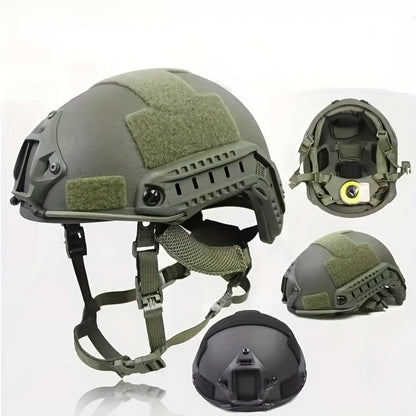 Green fiberglass tactical helmet with adjustable suspension for outdoor sports and CS paintball games.