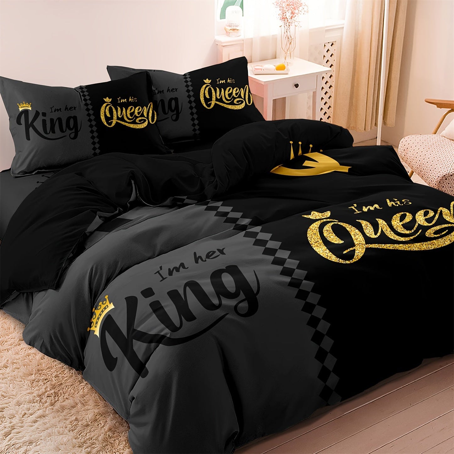 Valentine's Day Queen & King Crown Design Duvet Cover Set - 3 Piece Set, Printed Crown Design, Soft Polyester, Breathable, Machine Washable - Includes 1 Duvet Cover & 2 Pillowcases (Insert Not Included)