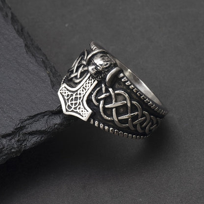 Men's Vintage Lion Head Thor's Hammer Ring - 316 Stainless Steel, Fashionable Amulet Jewelry