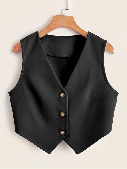 Sleeveless button-front vest with V-neck for women's workwear.