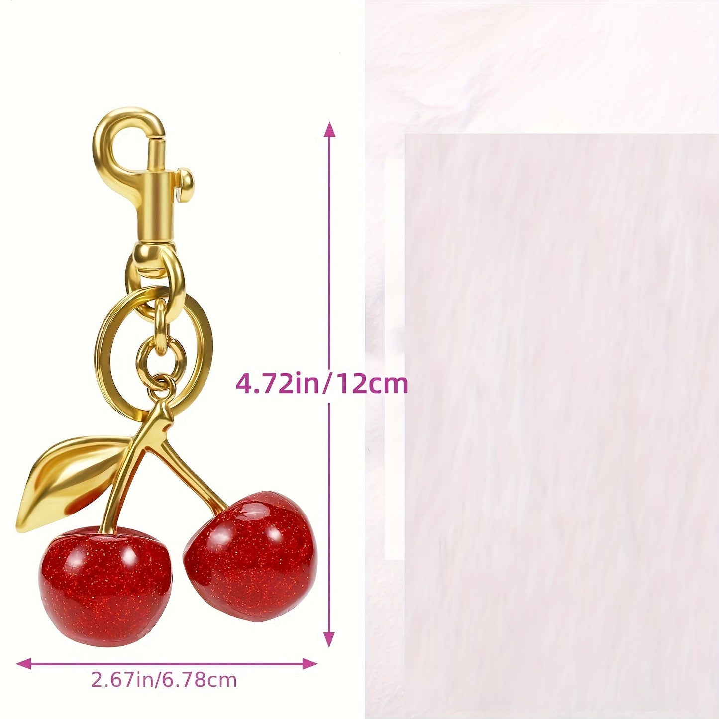 Glistening Cherry Fruit Keychain - Made of Alloy with Resin Pendant, featuring a Food-Inspired Circular Design, Adjustable C-Hook Clasp for Women's Purses & Handbags.