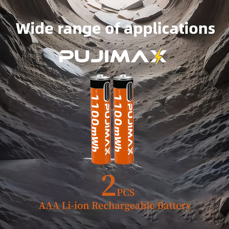 PUJIMAX AAA 1100mWh rechargeable battery with stable voltage and fast USB-C charging, suitable for various devices, includes a complimentary charging cable.