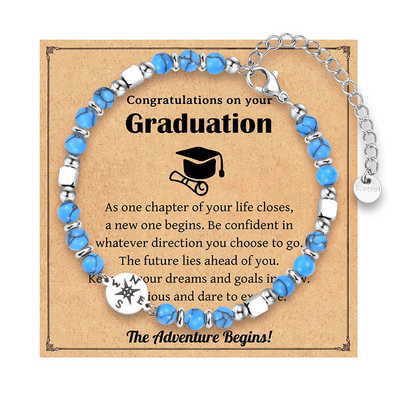 Stylish Compass Bracelet with Stainless Steel Beads, Graduation Gift with Natural Stones, Minimalistic Bracelet for High School Graduates, Suitable for Everyday Wear and Gifting, Year-Round Accessory