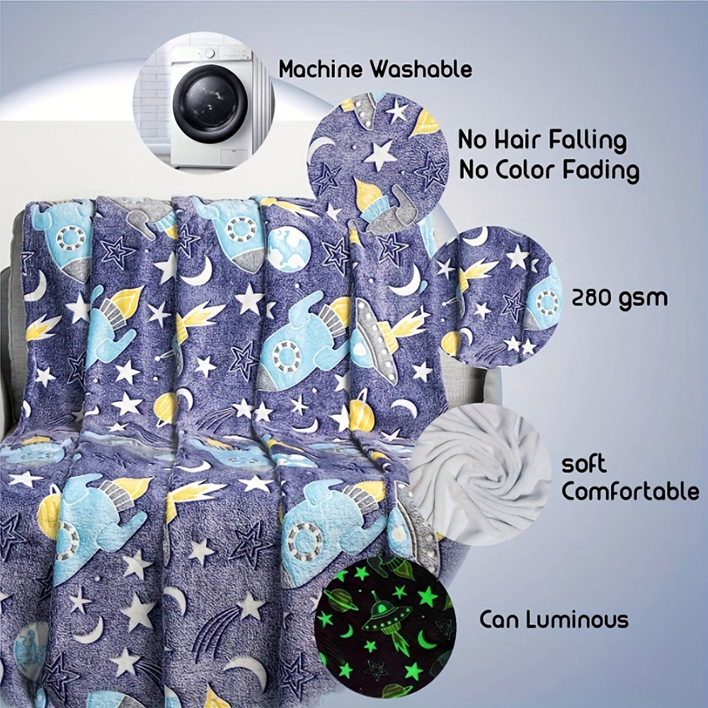 One piece of contemporary style throw blanket featuring glow in the dark space theme. Made of knitted all-season polyester, this bed blanket has active printing with a cartoon rocket and stars pattern. It is soft and can be used as a sofa cover. An ideal