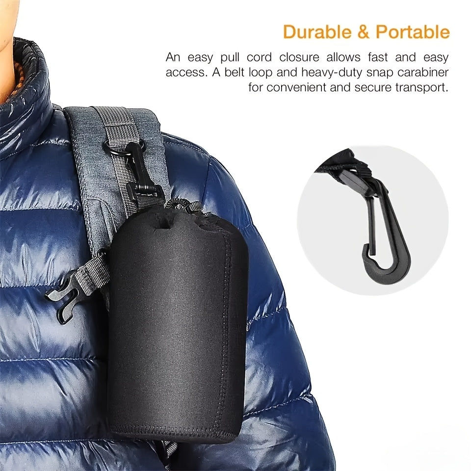 Durable set of camera lens pouches made of waterproof synthetic fabric. This shockproof DSLR lens storage bag comes with a drawstring and clip for easy carrying. Perfect for photographers, this portable lens protector bag is available in 4 different