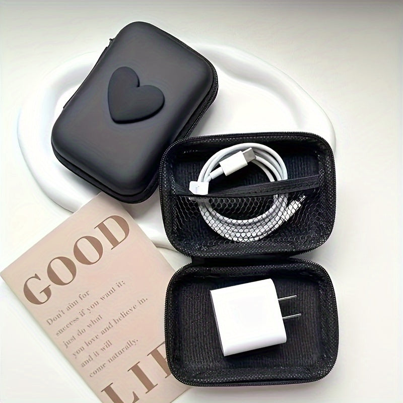 Heart-shaped storage bag for earphones, data cable, and charger with anti-fall zipper.