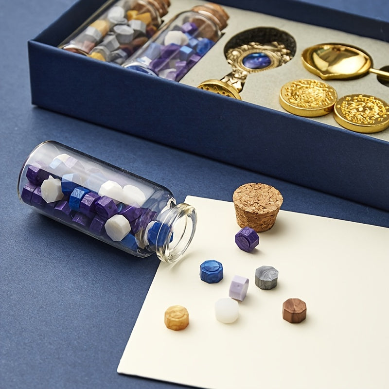 Wax seal kit includes gift box, beads, 3 stamps, pen, envelope for gift and décor.