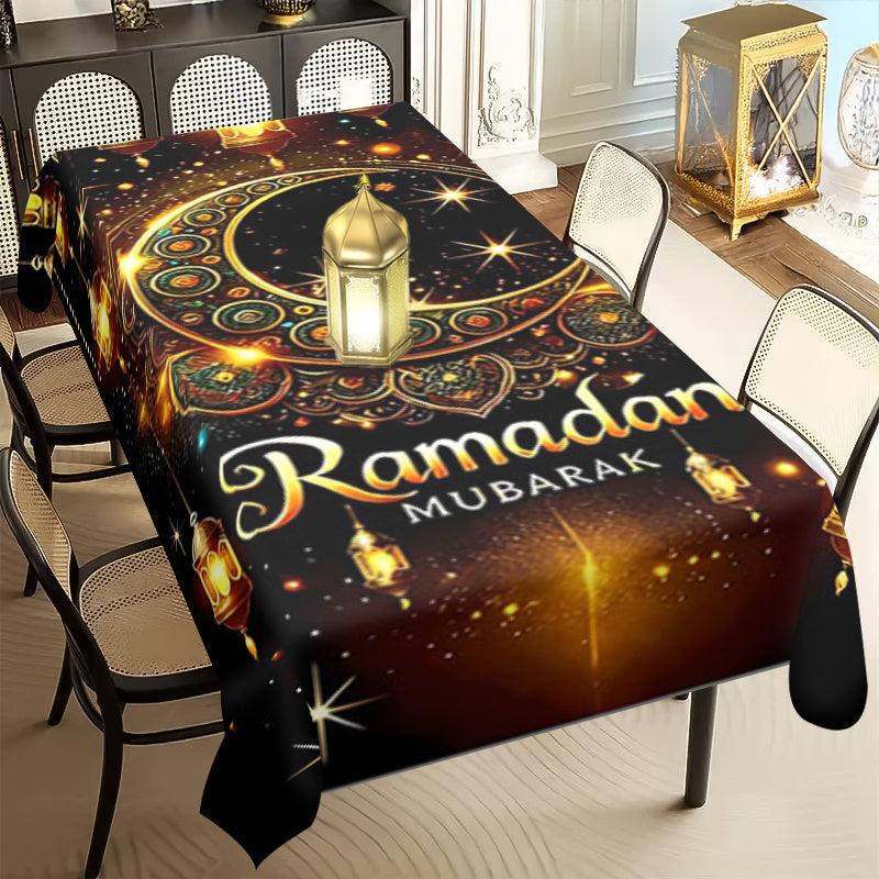 Elegant Ramadan Mubarak tablecloth with ethnic moon print, ideal for Eid celebrations, picnics, and home decor.