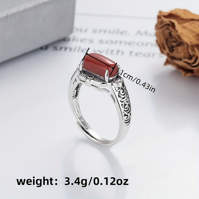 925 Silver Plated Vintage Boho Style Natural Agate Ring, Adjustable Open Ring with Tree Pattern Engraving. Elegant Court-inspired Design Perfect for Daily Wear and Gift-Giving.