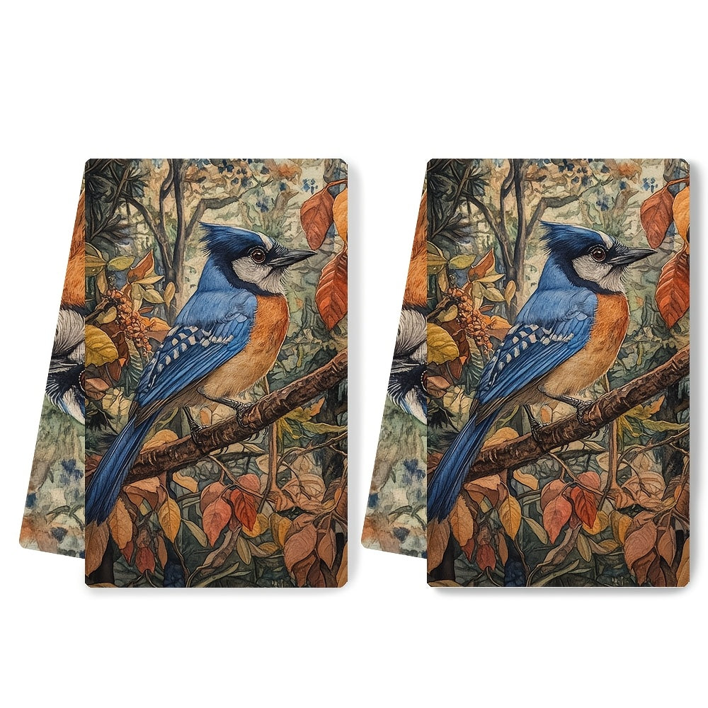 Set of 2 Coastal Style Kitchen Towels featuring a Super Absorbent Polyester Knit Fabric. Easy to clean with a machine washable design. These Contemporary Oblong Hand Towels showcase a Blue Jay Design, measuring 40.64x60.96 cm. Perfect for use as Dish