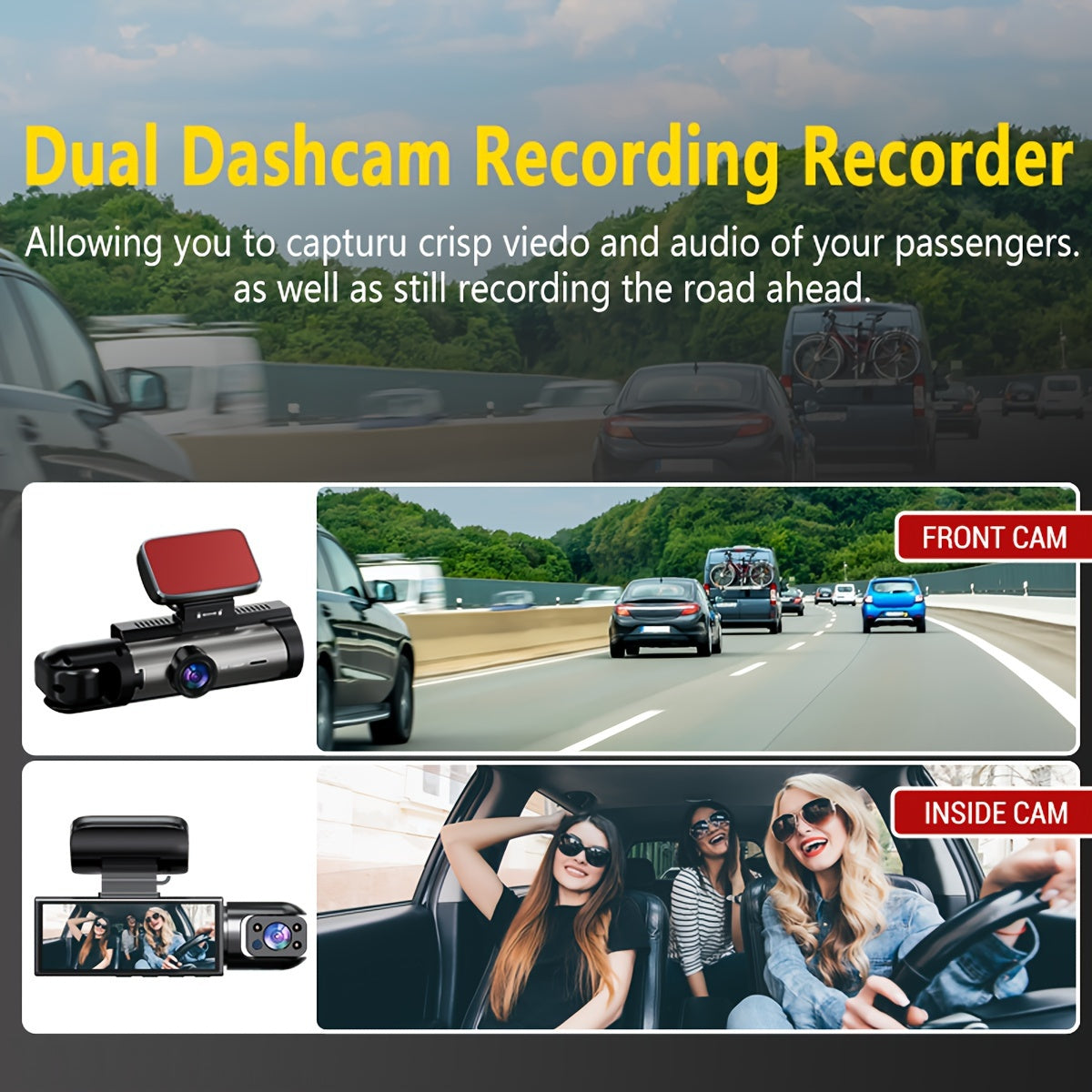 3.16-inch IPS screen dual-recording A9 driving recorder with 64G memory card captures front and interior views.