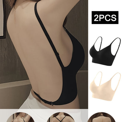 Solid Seamless Backless Bra - Wireless Push Up, Comfy & Breathable