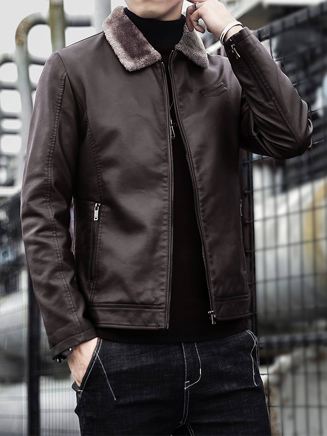 Elegant men's Korean-style motorcycle jacket with fleece lining, perfect for hiking and outdoor activities.