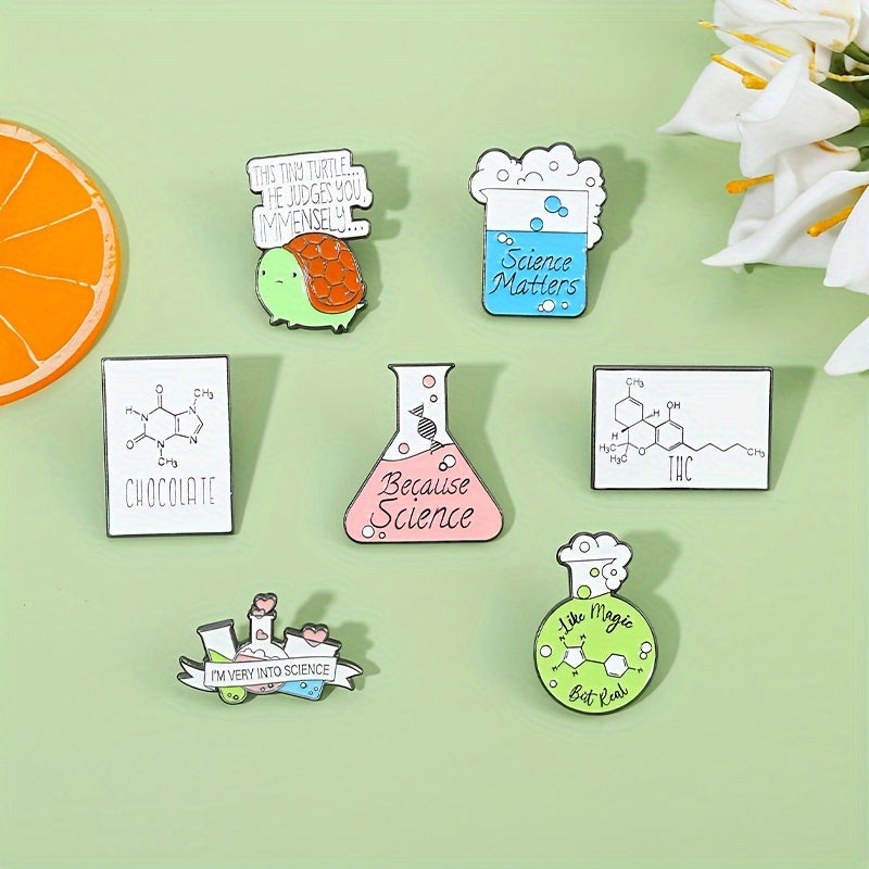 Set of 20 Enamel Science Brooches in Cartoon Academic Style, featuring Chemistry-themed badges including a Beaker, Microscope, DNA, and Alcohol Lamp. Perfect for adding a fun and unique touch to lab coats, bags, and clothing.