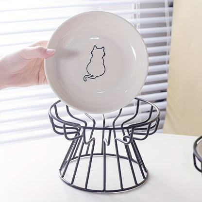 Ceramic cat bowls with stand, raised for neck protection, whisker-friendly design with cat silhouette.