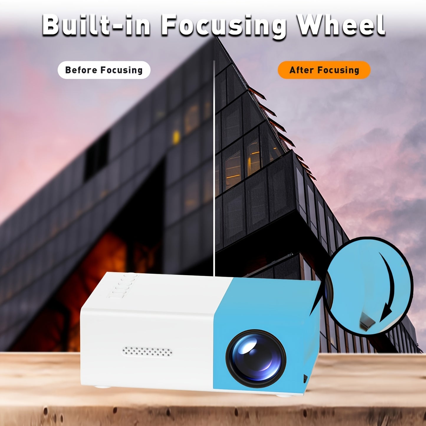 ZRZTM mini projector with fast focus, European plug, compatible with Android devices/USB, ideal for home/office use and holiday gifting.