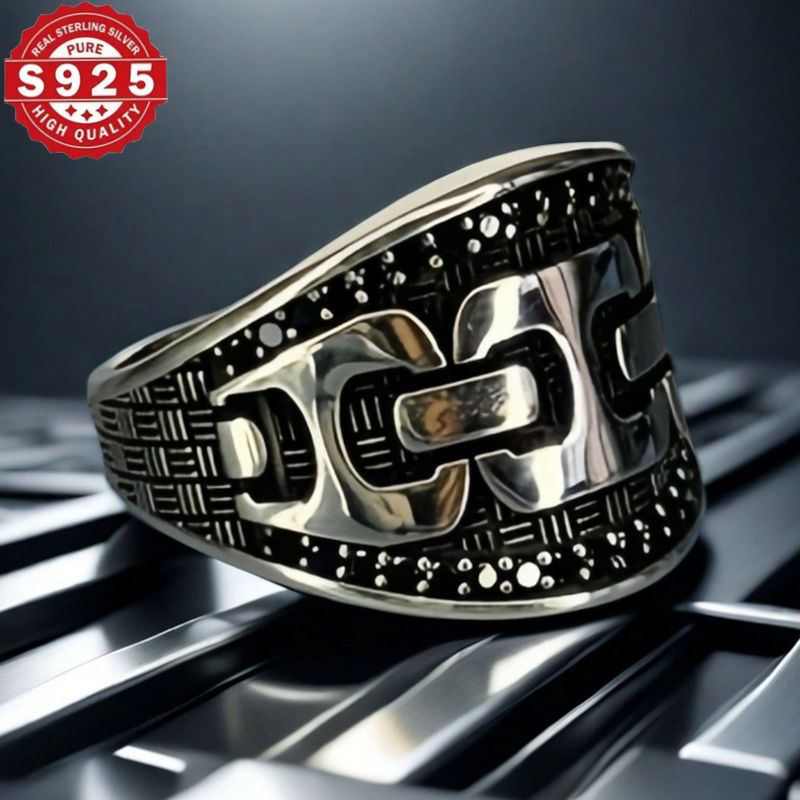 925 Sterling Silver Band Ring with Vintage Style and Unisex Handcrafted Gothic Chain Pattern. Features Natural Agate Inlay and Silver Plating, perfect for Him as a unique gift. Ideal for Weddings, Parties, Daily Wear, with the June Birthstone and for