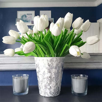 5 lifelike white tulip artificial flowers with real touch feel, perfect for spring decor, weddings, and home office centerpieces. No batteries needed.