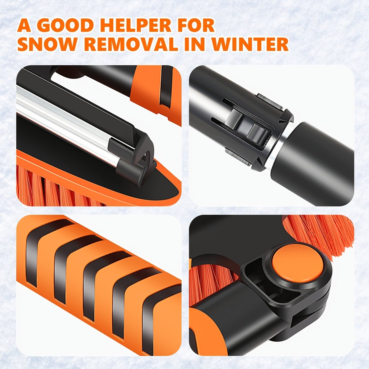 Winter Snow Broom with Extendable Snow Shovel, Car Glass Scraper, and Non-Slip Warm Gloves. PVC Soft Bristle Ice Scraping Tool for Heavy Snow. Outdoor Cleaning Accessory. Pack of 4pcs. Length: 109.98cm.