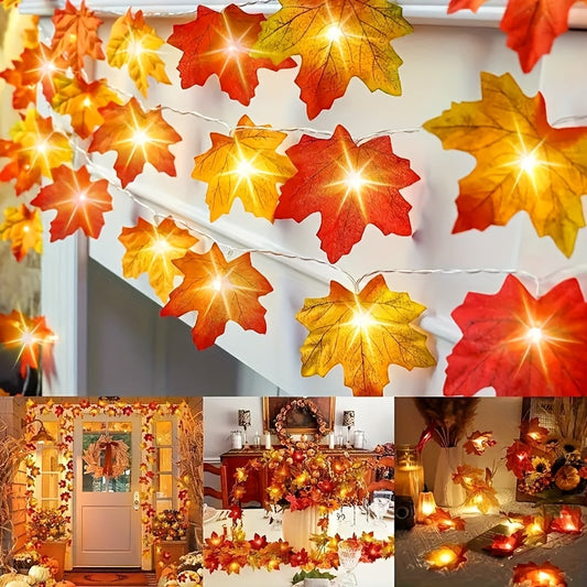 2M Autumn Maple Leaf Garland String Lights, Battery-Powered LED Fall Foliage Decor for Halloween and Thanksgiving, Wireless Plastic Decoration.