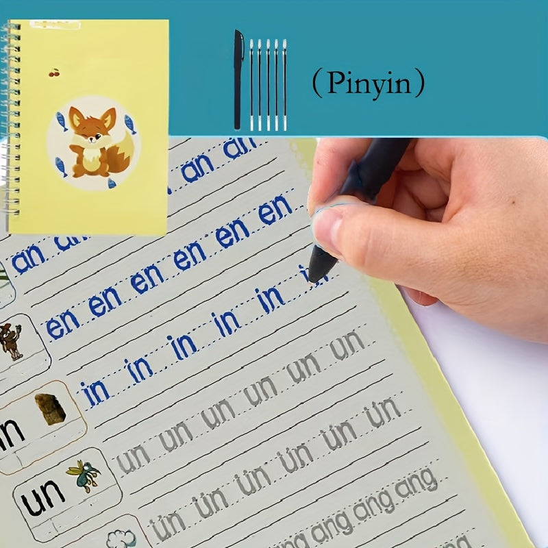 Educational copybook with reusable write-over pages for kids, featuring colorful illustrations and pen holder with varying colors.