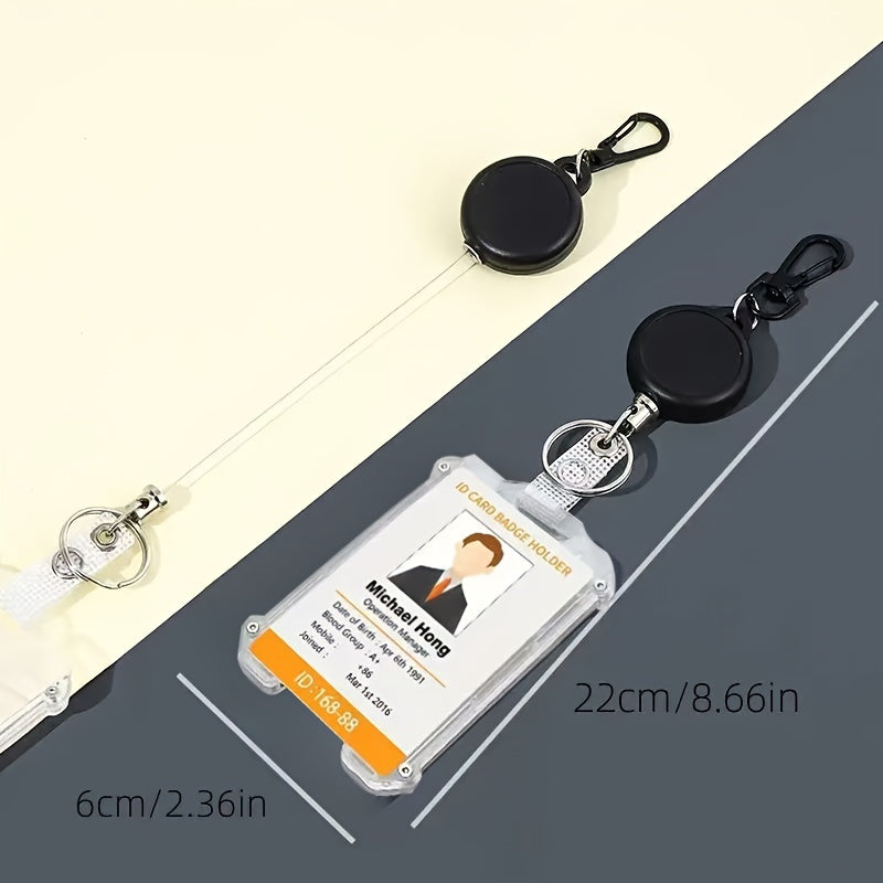 Durable retractable ID badge holder with carabiner clip and keychain, vertical card holder with convenient pull buckle for easy access.