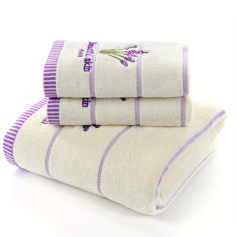 3-piece Lavender Pattern Towel Set includes a bath towel (70.0 x 140.0 cm) and 2 face towels (34.01 x 73.99 cm), made of soft, comfortable fabric for your bathroom needs.