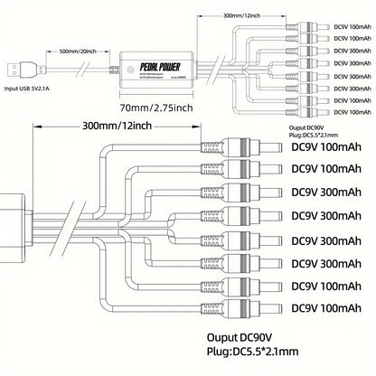 New Guitar Pedal Power Supply with 8 outputs and USB plug-in for 9V DC output.