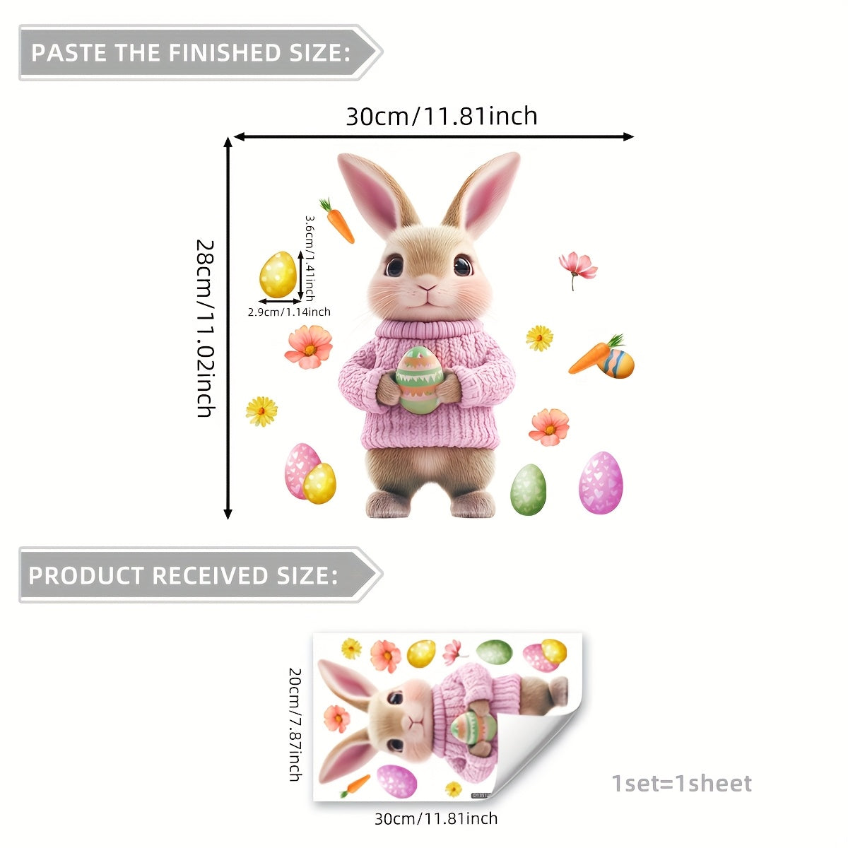 Decorate your home for spring with this adorable Easter Bunny holding egg dual-sided electrostatic window decal. This cute rabbit design features a carrot and flowers, making it the perfect addition to your Easter decor. Made from reusable PVC material