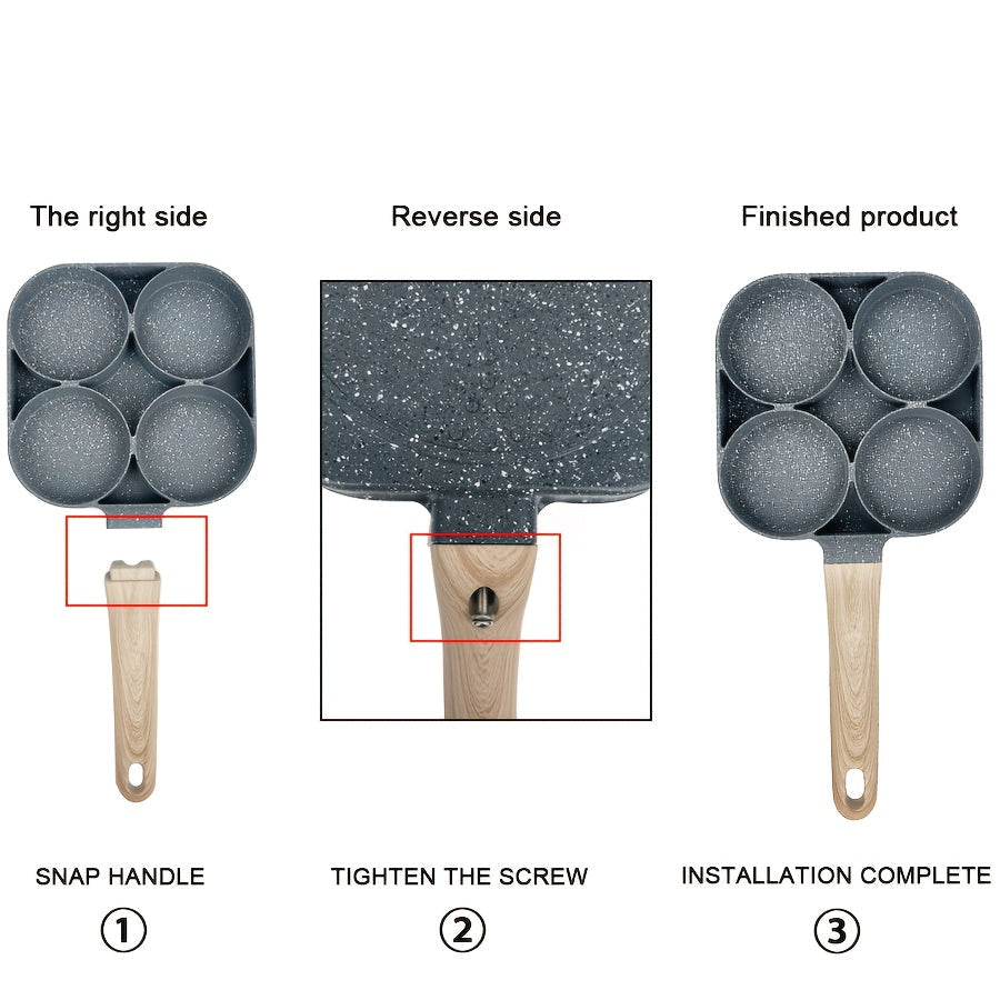 This Non-Stick Egg Pan with a Wooden Handle is perfect for cooking breakfast items like eggs and burgers. The 4-cavity skillet is compatible with gas stoves and is dishwasher safe. Made of lightweight aluminum, this pan weighs 14.2 oz.