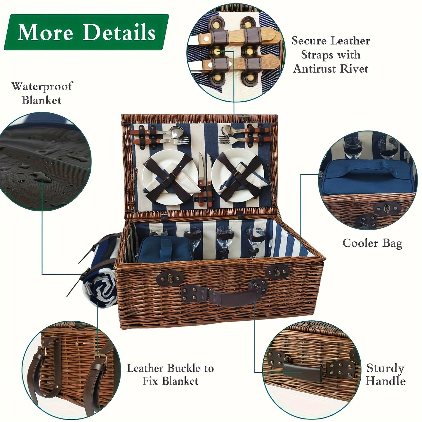 XL Willow picnic basket for four, with service set and free accessories - a perfect gift.